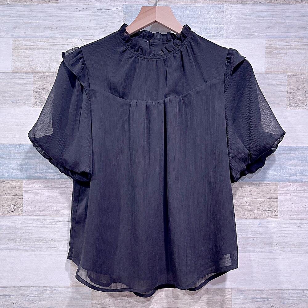 LOFT Ruffle Neck Balloon Sleeve Top Black Woven Lined Womens Small Petite SP
